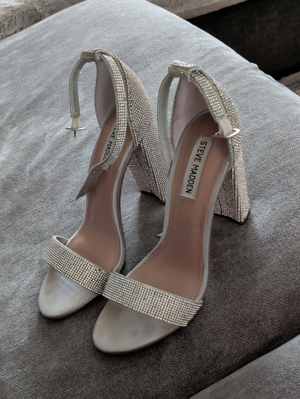 Steve Madden Silver Crystal Embellished Block Heel Sandals